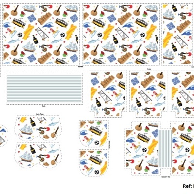 Folha com recortes para caixas e envelopes com padrões musicais e listras azuis e brancas