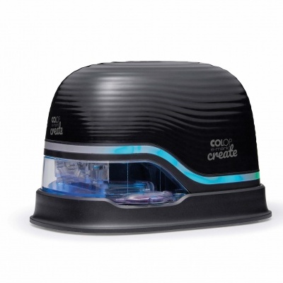 Seladora preta com detalhes azuis e texto 'color create'