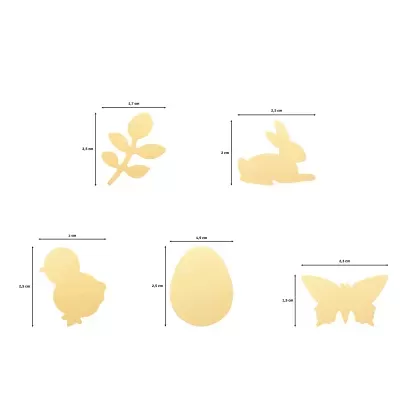 Cinco recortes amarelos decorativos em forma de folha, coelho, pintainho, ovo e borboleta com medidas em centímetros