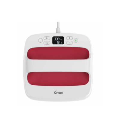 Aparelho de prensagem elétrica branco com almofadas vermelhas e visor digital da Cricut