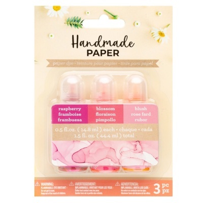 Conjunto de três frascos de tinta Handmade Paper em embalagem beige com flores.