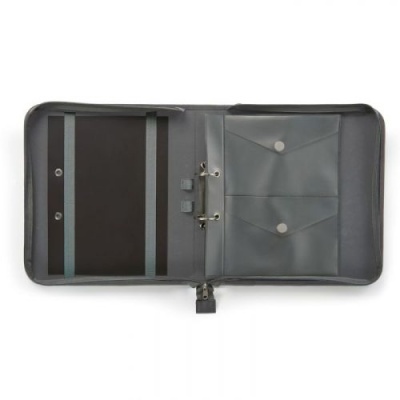 Organizador de documentos cinzento aberto com vários compartimentos