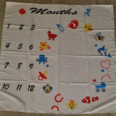Toalha branca com números e ilustrações coloridas relacionadas com bebés, com o texto 'Months' no topo