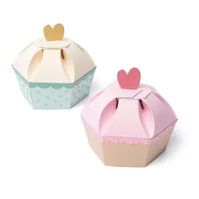 Duas caixas de cupcake decorativas em papelão com fechos em forma de coração