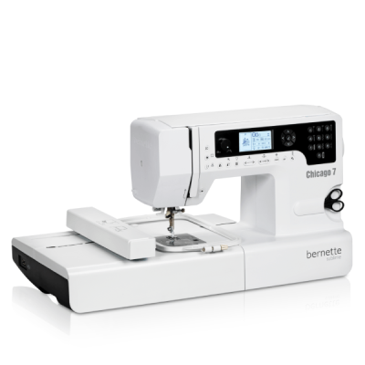 Máquina de costura branca bernette Chicago 7 com visor digital