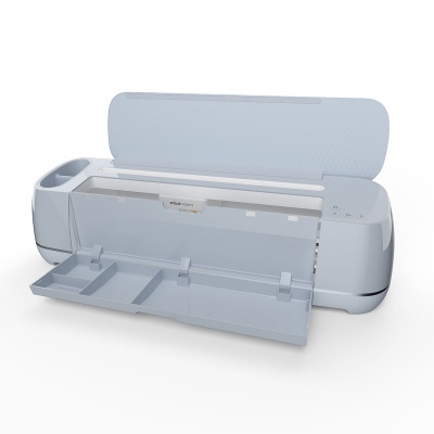 Impressora multifunções branca com tampa aberta e compartimento frontal aberto