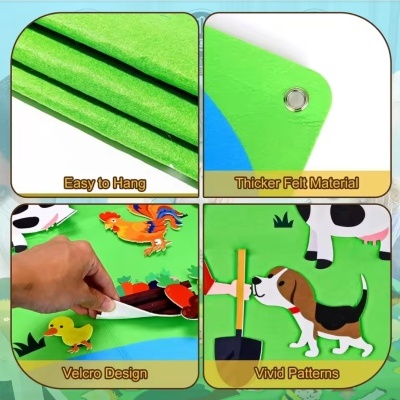 Detalhes de um produto de feltro verde com velcro e ilustrações de animais e legumes