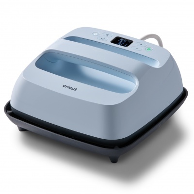 Aparelho elétrico azul claro e preto com display digital e botões no topo