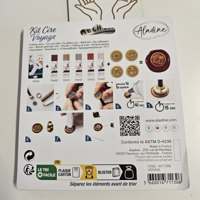 Kit selos de cera Aladine com bastão de cera, selo metálico e instruções de uso