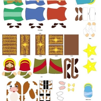 Elementos de papel para montar figuras natalícias coloridas e recortáveis