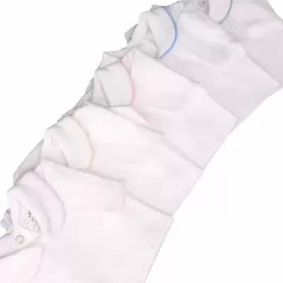 Bodies brancos para bebé com costuras coloridas nas golas