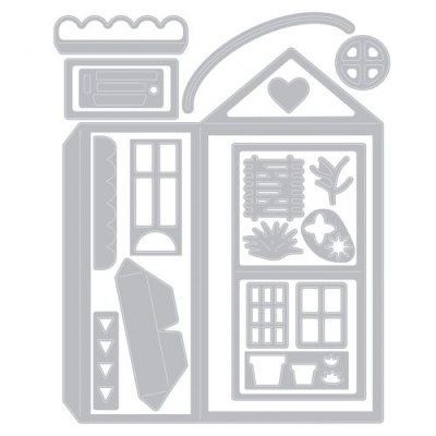 adesivos cortados com formas de casa, plantas e janelas