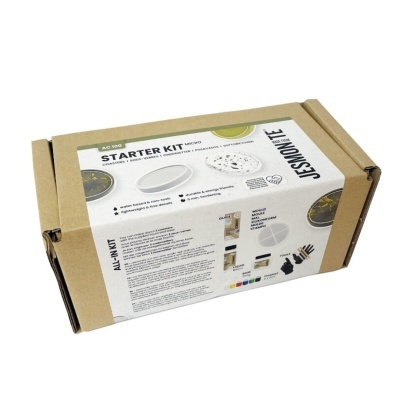 Kit de iniciação para bases de copos em embalagem de cartão castanho e etiqueta branca