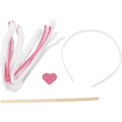 Acessórios para criação de unicórnio: diadema branco, limpadores de cachimbo brancos e rosa, palito de madeira, coração rosa brilhante