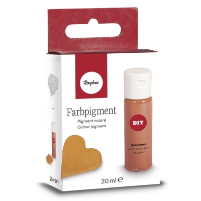 Pigmento de cor Rayher Tangerine em embalagem branca e vermelha com frasco de 20 ml.