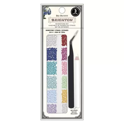 Conjunto Bo Bunny Brighton com strass coloridos, pinça e lápis aplicador