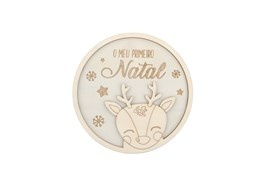 Prato decorativo redondo de madeira com texto e ilustração de rena