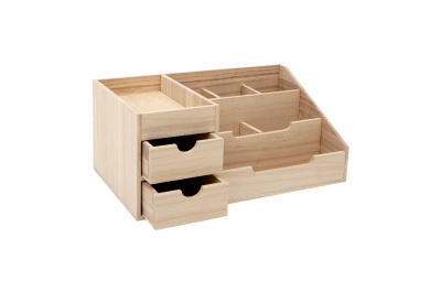Organizador de secretária em madeira clara com gavetas e compartimentos abertos