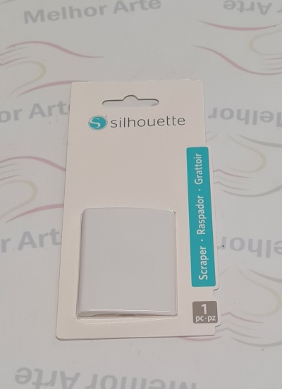 Raspador branco Silhouette em embalagem de cartão branco com texto azul