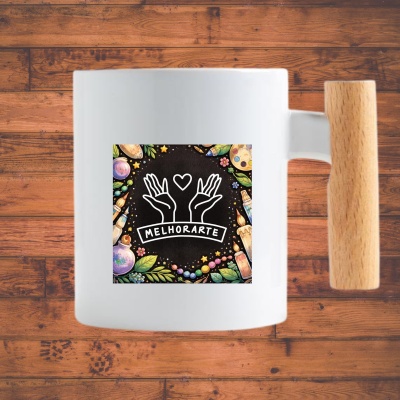 Caneca branca com pega em madeira e design colorido MELHORARTE