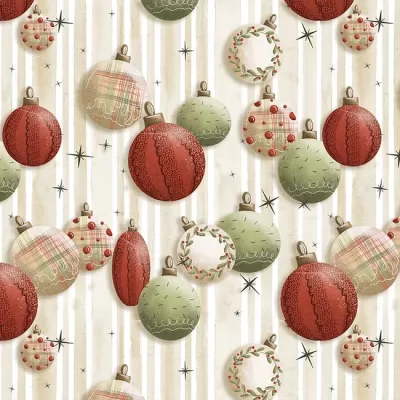 Padrão de bolas de Natal coloridas com diferentes texturas e fundo listrado