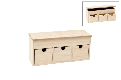 Armário organizador de madeira com três gavetas e uma prateleira superior