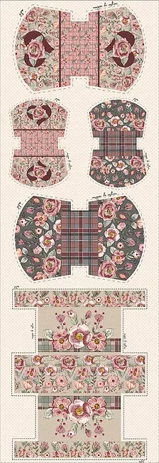 Recortes para embalagens com padrões florais e xadrez em tons rosa, vermelho, verde e bege