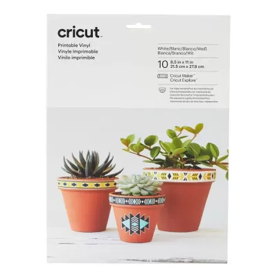 Embalagem de vinil imprimível branco Cricut com três vasos decorados e plantas