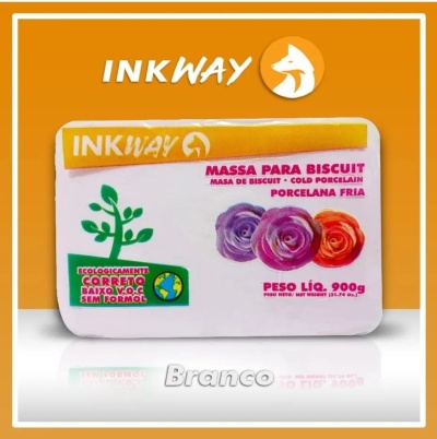 Embalagem branca de massa para biscuit INKWAY com ilustrações de rosas e texto informativo.