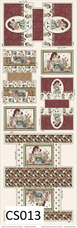 folha de tecido com padrões recortáveis e ilustrações de menina junto à máquina de costura