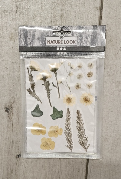 Pacote de autocolantes florais Nature Look em embalagem transparente sobre fundo cinza