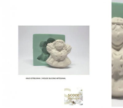 Molde de silicone verde com anjo branco em destaque e texto ANJO ESTRELINHA MOLDE SILICONE ARTESANAL.