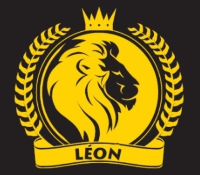 Emblema de leão amarelo com coroa, ramos e texto LÉON