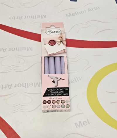 Varetas de cera lilás para lacre Aladine em embalagem rosa