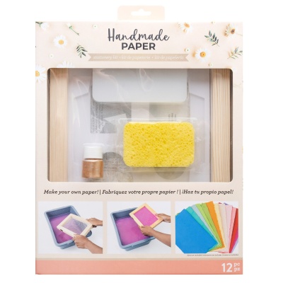Kit artesanal para fazer papel com esponja amarela e papéis coloridos