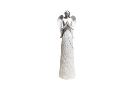 Estátua decorativa branca de anjo com asas e mãos juntas
