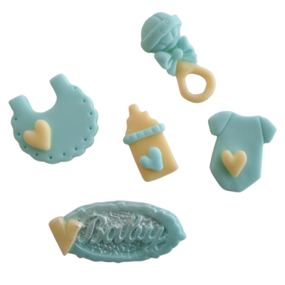 Botões decorativos para bebé em azul claro e amarelo com várias formas temáticas.