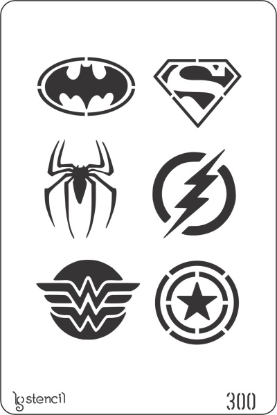 Símbolos pretos de super-heróis em stencil branco