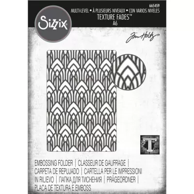 Embossing folder Sizzix com padrão geométrico e texto multilíngue