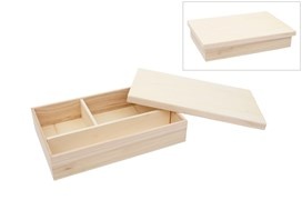 Caixa organizadora de madeira clara com tampa e divisória interna, fundo branco
