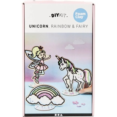 Kit DIY Foam Clay Unicorn Rainbow & Fairy com figuras de fada, unicórnio e arco-íris em fundo pastel