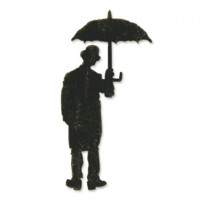 Figura decorativa de homem com chapéu e guarda-chuva em metal preto
