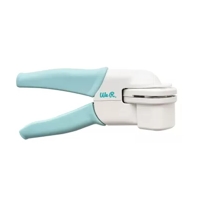 Abridor de latas com cabo azul claro e corpo branco com texto 'We R.'