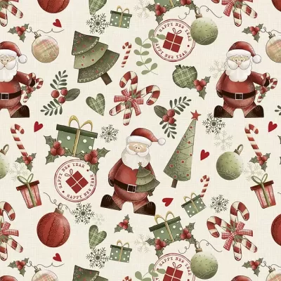 Papel de embrulho natalício com Pai Natal, árvores, bolas, presentes e texto 'HAPPY NEW YEAR'