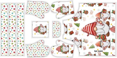 Folha de tecido com desenhos recortáveis de papai noel e estrelas coloridas