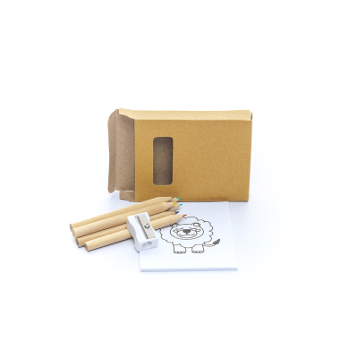 Conjunto com lápis de cor, apontador, bloco de desenho e caixa de papelão
