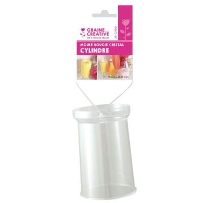 Molde cilíndrico para vela em plástico transparente com etiqueta rosa e branca