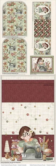 Painel de recortes de tecido com desenho de costureira, máquina de costura e materiais variados.