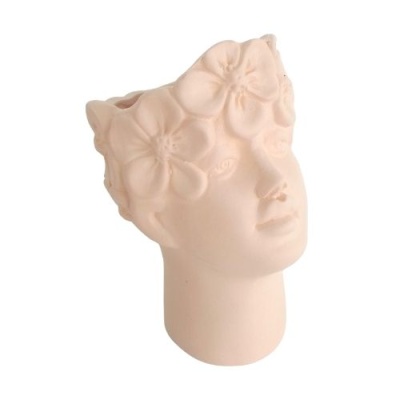 Vaso de cerâmica bege com formato de cabeça feminina e flores em relevo
