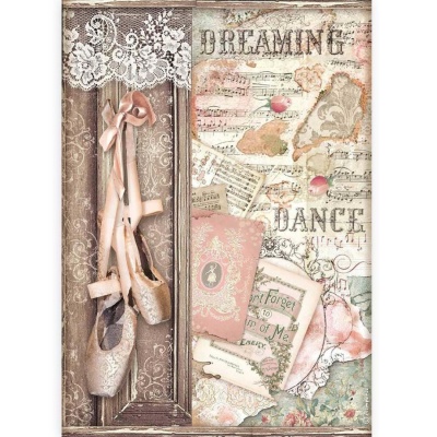 Quadro decorativo com sapatilhas de balé, notas musicais e texto 'DREAMING DANCE'